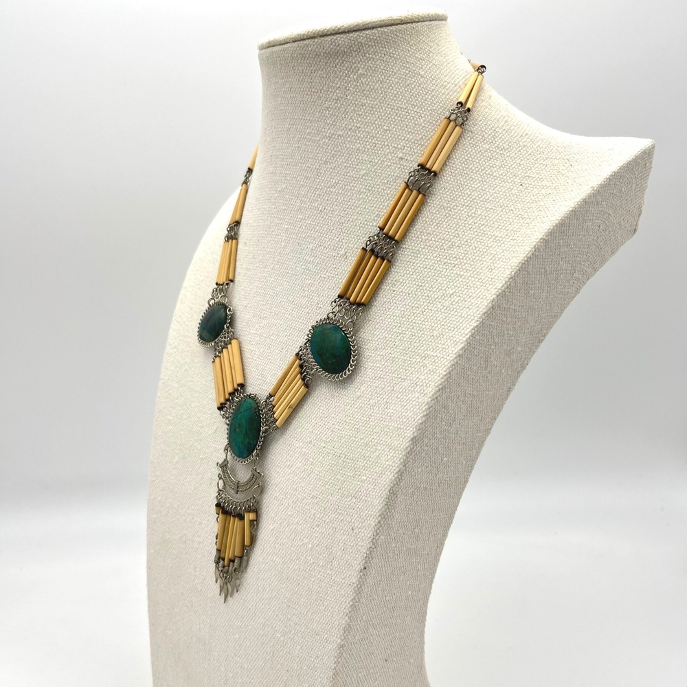 Vintage Statement Necklace Green Stone Silver Tone Bamboo Tribal‎ Boho Bohemian - Picture 3 of 8